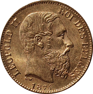 België Leopold 2 1874 20 franc goud