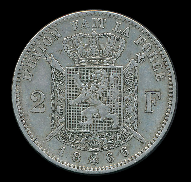 belgie 2 franc zilver munt 1866